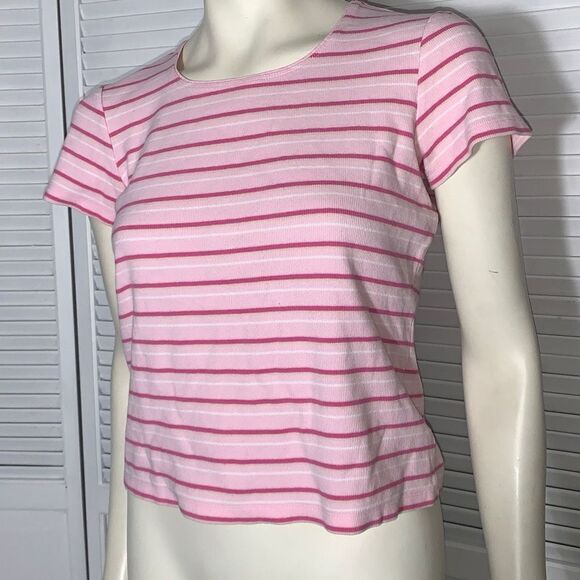 Vintage Pink Striped Stretch Ribbed Baby Tee Size Medium - Picture 5 of 12